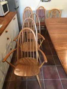 Ercol table and chairs repaired after water damage by french polisher